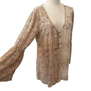 Billabong Women's Large Relaxed Floral Flare Bell Sleeve Tunic Cottagecore Top